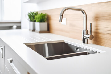 Modern kitchen interior with copy space. Generative AI.