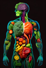 Human skeleton consists of fruits and vegetables, concept: healthy food. AI Generated