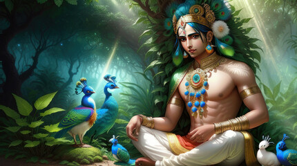 Fototapeta na wymiar lord Krishna sitting in the jungle. AI Generative