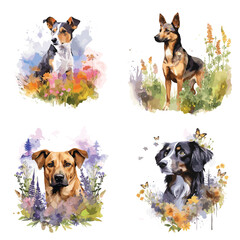 Set of dogs on floral watercolor background vector