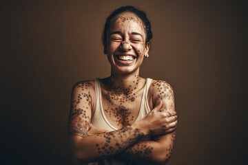 Fototapeta na wymiar Happy woman with vitiligo laughing. AI generative