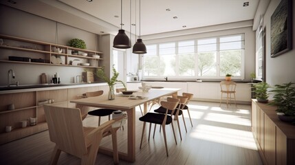 Obraz premium show flat interior design modern nature contemporary dining area daylight minimal decoration style home design concept, image ai generate
