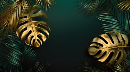 Green and golden palm leaves abstract background. Generative AI