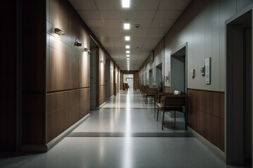 Fototapeta premium Spacious Hospital Corridor: Doors to Individual Patient Rooms in a Welcoming Environment, Generative AI