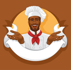 Round Template of Logo or Label Design with Afro-American Chef. Company Mascot. Vector Illustration. Cartoon Style - 603712659