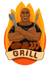 Template of Logo or Label Design with Afro-American Big Man and Grill. BBQ Company Mascot. Vector Illustration. Cartoon Style - 603712676