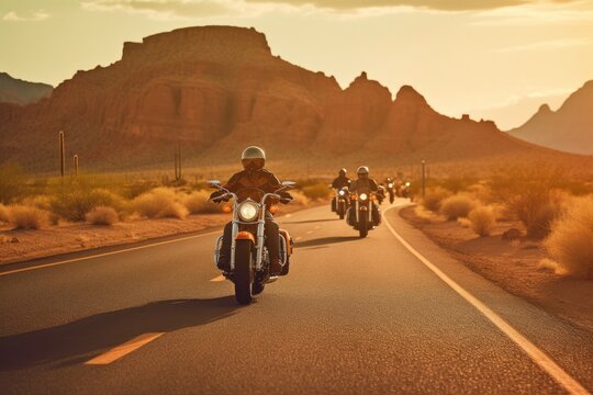 Illustration of cruiser motorcycles and bikers on the road - Created with generative ai