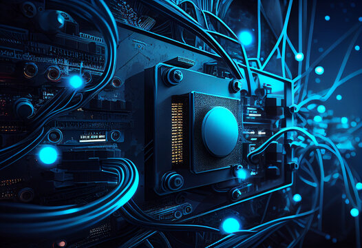 Circuit board futuristic technology background. blue 3d rendering toned image generative ai