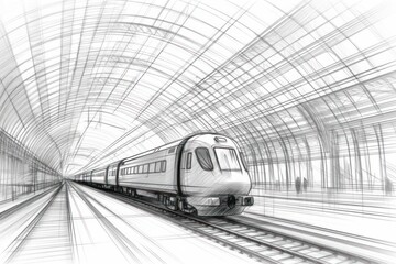 black and white hand drawn illustration High-speed train arriving at railway station