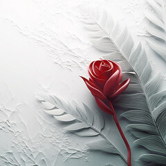 Creative layout made of tropical leaves and red rose on white background. Christmas concept.   Generative ai