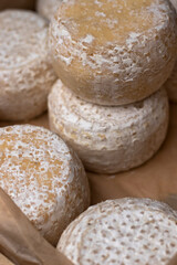 Aged cheese. Round pieces of cheese in a box at the market.