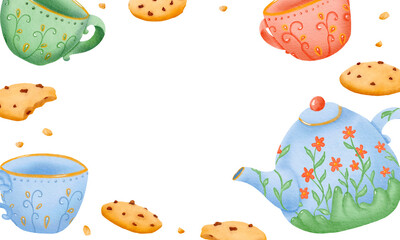 Frame of cookies, teapot and cup with ornament, Isolated hand drawn digital watercolor illustration isolated on white. English tea, health drink, coffee. Design for wrapping, menu, packaging, board
