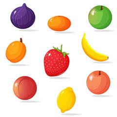 Seasonal fruits. Summer fruits and berries. Strawberry, fig, banana, tangerine, apple, apricot, peach, nectarine, lemon design. Design of fruits and berries on a white background