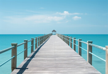 Ocean view with turquoise and blue water along the pier. An Exquisite Panoramic Vista of Turquoise and Sapphire Waters, Where the Serenity of the Ocean Meets the Sturdy Pier, Marking Humanity's Inter