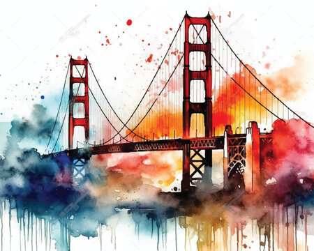 Golden Gate Bridge watercolor illustration, San Francisco, California, Usa.