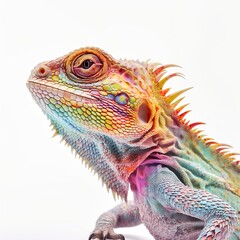 Fototapeta premium Generative AI psychedelic colourful bearded dragon lizard, white background