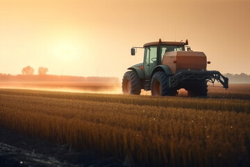 Fototapeta premium Dawn of a New Day: Farmer Tending to a Field with His Tractor in the Early Morning, Generative AI