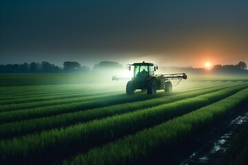 Naklejka premium Dawn of a New Day: Farmer Tending to a Field with His Tractor in the Early Morning, Generative AI