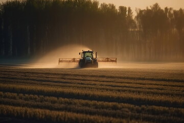 Fototapeta premium Dawn of a New Day: Farmer Tending to a Field with His Tractor in the Early Morning, Generative AI