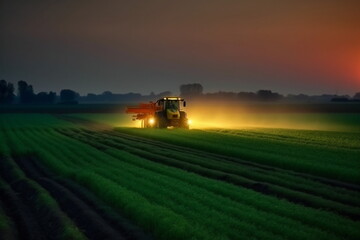 Dawn of a New Day: Farmer Tending to a Field with His Tractor in the Early Morning, Generative AI