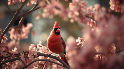 A cardinal in a colorful array of blooming branches.