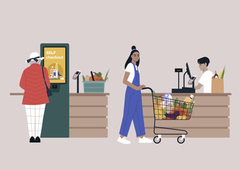 Supermarket checkout options, a cash register and a self-service terminal - obrazy, fototapety, plakaty