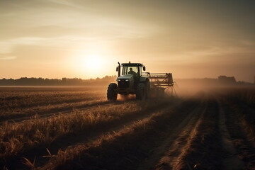 Dawn of a New Day: Farmer Tending to a Field with His Tractor in the Early Morning, Generative AI