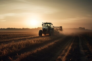 Obraz premium Dawn of a New Day: Farmer Tending to a Field with His Tractor in the Early Morning, Generative AI