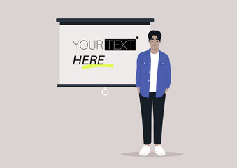 A young character standing next to a video projector screen, copy space, your text here