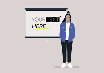 A young character standing next to a video projector screen, copy space, your text here