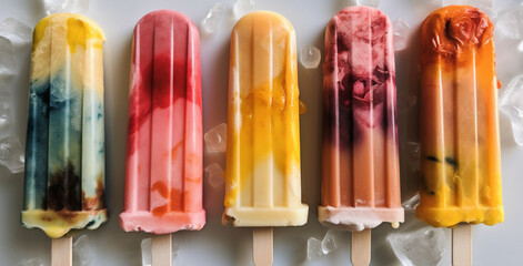 Bright popsicles with fresh fruit, berries and petals. Summer ice cream concept created with ai generative tools
