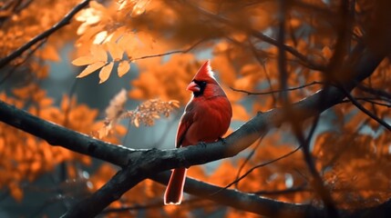 A cardinal perched in the canopy of a glowy autumn-colored tree.