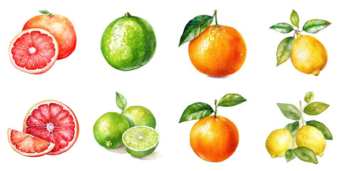 Set of watercolor citrus fruits isolated on white background: grapefruit, lemon, orange, lime. Clipping path. Generative AI
