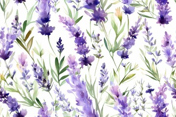 Seamless Lavender watercolor pattern: Beautiful, vintage floral design in purple tones. Ideal for summer textile and weddings. Generative Ai.