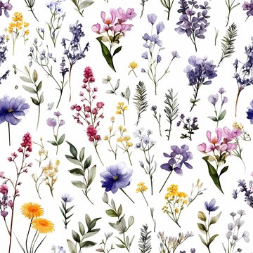 Floral seamless pattern with abstract wildflowers, plants and delicate branches, watercolor isolated on white background for textile. Generative ai.