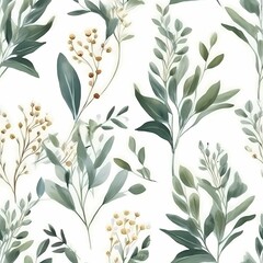Obraz na płótnie Canvas Vibrant watercolor seamless floral pattern with eucalyptus leaves in trendy lime green. Perfect for designs: wallpapers, textile. Generative Ai.