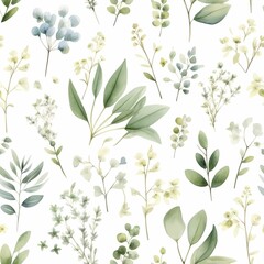 Fototapeta na wymiar Vibrant watercolor seamless floral pattern with eucalyptus leaves in trendy lime green. Perfect for designs: wallpapers, textile. Generative Ai.
