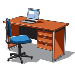 Illustration of laptop on wooden office table and blue chair