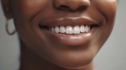 Snow-white smile, healthy teeth. Female smile after teeth whitening procedure. Young african american smiling woman looking away against light background. Problems of dentistry. Generated by AI