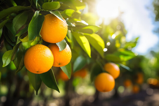 Fresh ripe oranges on trees in plantation outdoors. Generative AI.