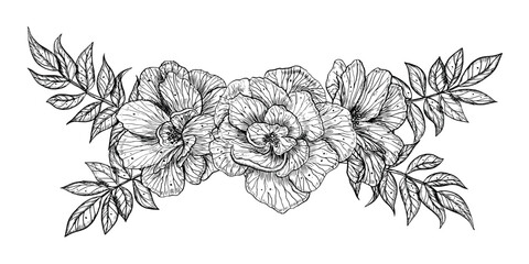 Bouquet of Rose Flowers. Hand drawn vector illustration on isolated background in outline style. Floral graphic drawing for greeting cards or wedding invitations. Engraving painted by black inks.