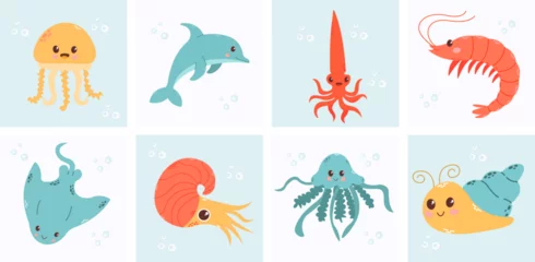 Raamstickers In de zee Set with hand drawn sea life elements. Vector doodle cartoon set of marine life objects for your design.  Sea life. Cute whale, squid, octopus, stingray, jellyfish, fish, crab, seahorse. 