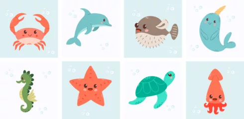 Afwasbaar Fotobehang In de zee Set with hand drawn sea life elements. Vector doodle cartoon set of marine life objects for your design.  Sea life. Cute whale, squid, octopus, stingray, jellyfish, fish, crab, seahorse. 