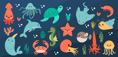 Set with hand drawn sea life elements. Vector doodle cartoon set of marine life objects for your design.  Sea life. Cute whale, squid, octopus, stingray, jellyfish, fish, crab, seahorse. 