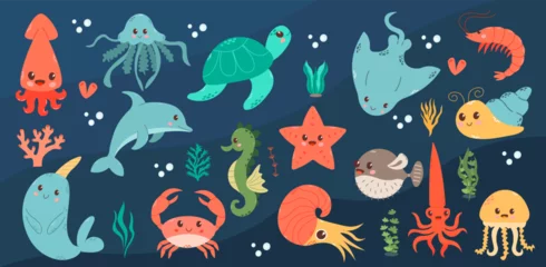 Tableaux sur verre Vie marine Set with hand drawn sea life elements. Vector doodle cartoon set of marine life objects for your design.  Sea life. Cute whale, squid, octopus, stingray, jellyfish, fish, crab, seahorse. 