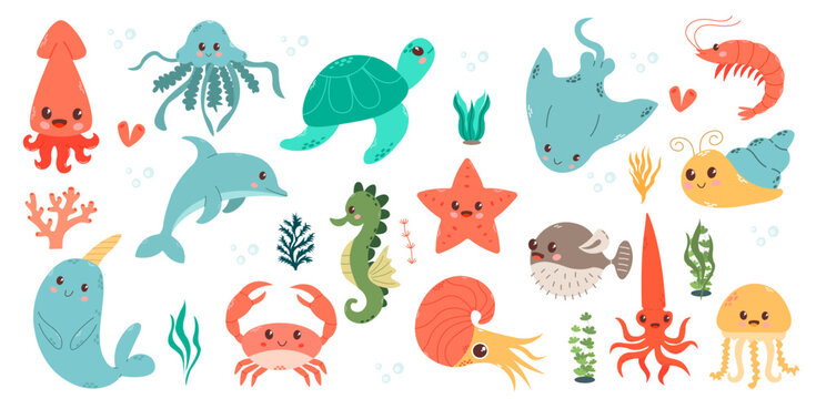 Set with hand drawn sea life elements. Vector doodle cartoon set of marine life objects for your design.  Sea life. Cute whale, squid, octopus, stingray, jellyfish, fish, crab, seahorse. 