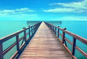 ocean view with turquoise and blue water along the pier. An Exquisite Panoramic Vista of Turquoise and Sapphire Waters, Where the Serenity of the Ocean Meets the Sturdy Pier.