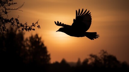 A bird silhouetted at dawn, captured in a stunning photo as it gracefully soars through the sky.  Generative AI