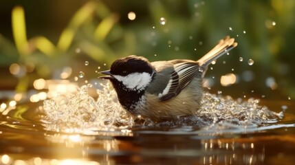 Obraz premium A Black-Capped Chickadee bird taking a bath in a puddle.