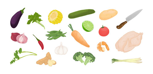 Set of Cooking Kitchen Vegetables with Shrimp, Chicken, and Knife Vector Illustration